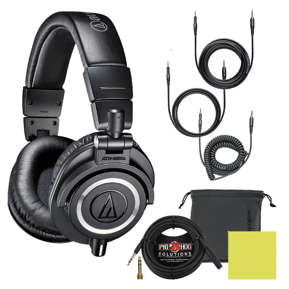 Audio Technica ATH-M50X Professional Studio Monitor Headphones Black with 25ft Extension Cable & Liquid Polishing Cloth